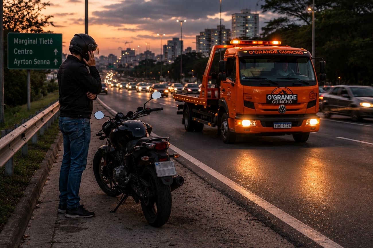 Caminhão guincho atendendo veículo parado em avenida da Zona Leste de São Paulo